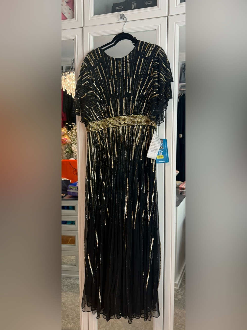 Mac Duggal Black and Gold Sequin Evening Gown with Beaded Waist